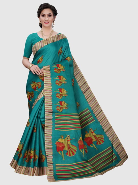 KSUT Blue Printed Saree With Unstitched Blouse Price in India