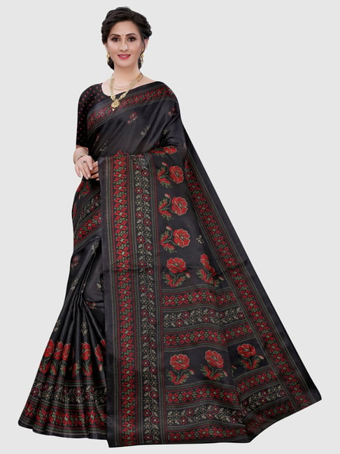 KSUT Black Floral Print Saree With Unstitched Blouse Price in India