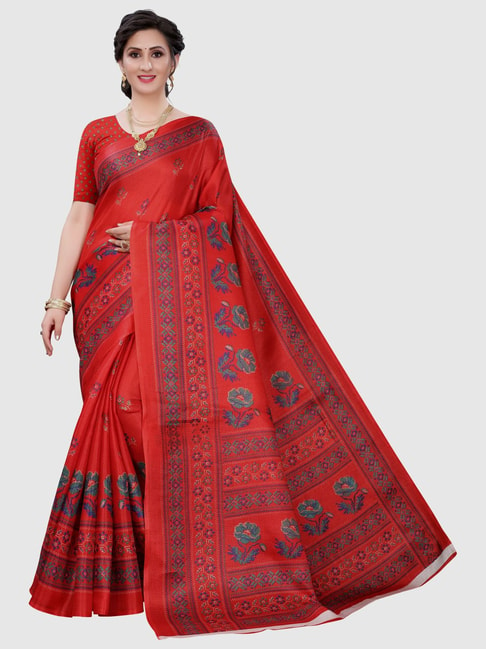 KSUT Red Floral Print Saree With Unstitched Blouse Price in India