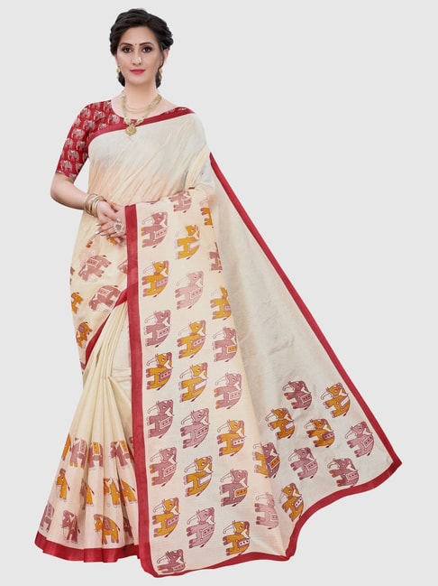 KSUT Beige Printed Saree With Unstitched Blouse Price in India