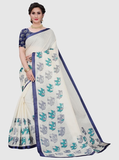 KSUT Off-White Printed Saree With Unstitched Blouse Price in India