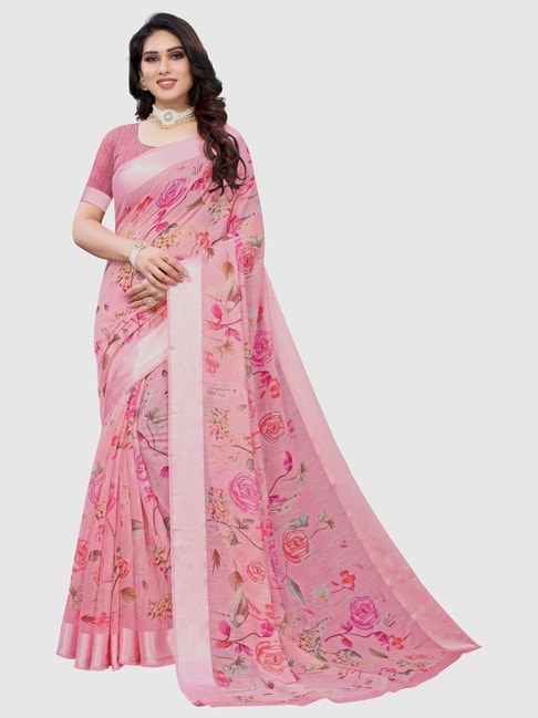 KSUT Pink Floral Print Saree With Unstitched Blouse Price in India