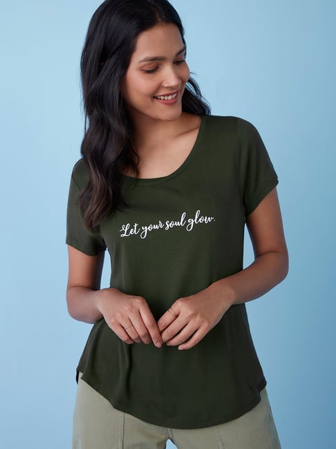 LOV by Westside Olive Text-Printed T-Shirt Price in India