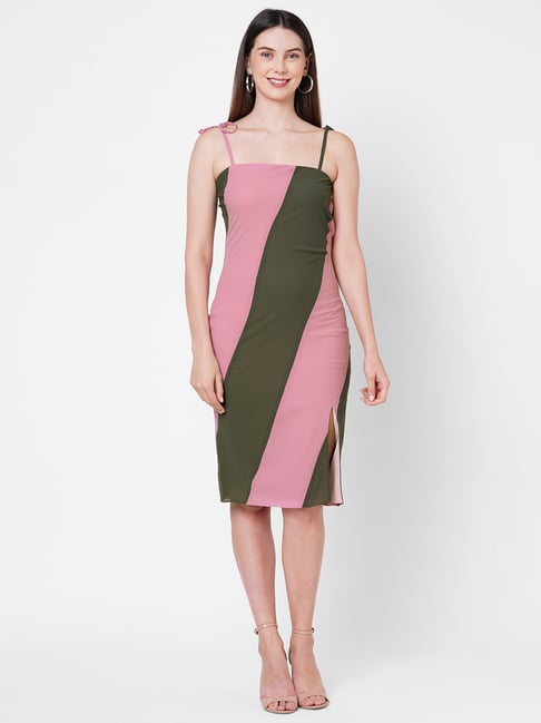 Poppi Pink & Green Striped Bodycon Dress Price in India