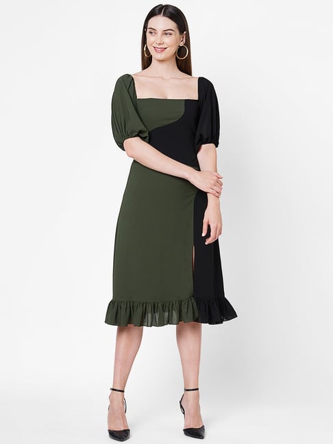 Poppi Green & Black A-Line Dress Price in India