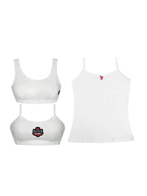 Tiny Bugs Kids White Cotton Bras & Camisole - Pack of 3
