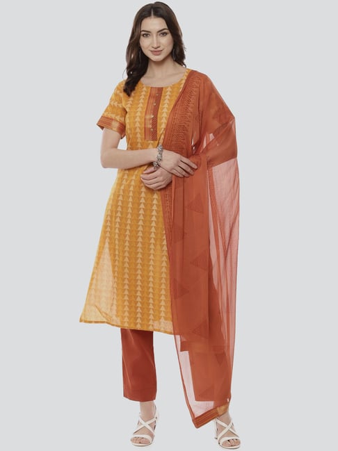 Biba Yellow & Orange Cotton Printed Dress Material