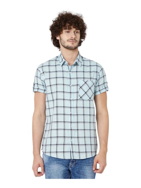 Mufti Blue Cotton Slim Fit Checks Shirt