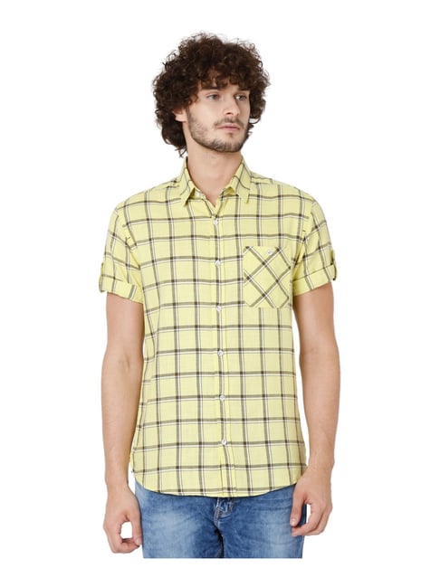 Mufti Yellow Cotton Slim Fit Checks Shirt