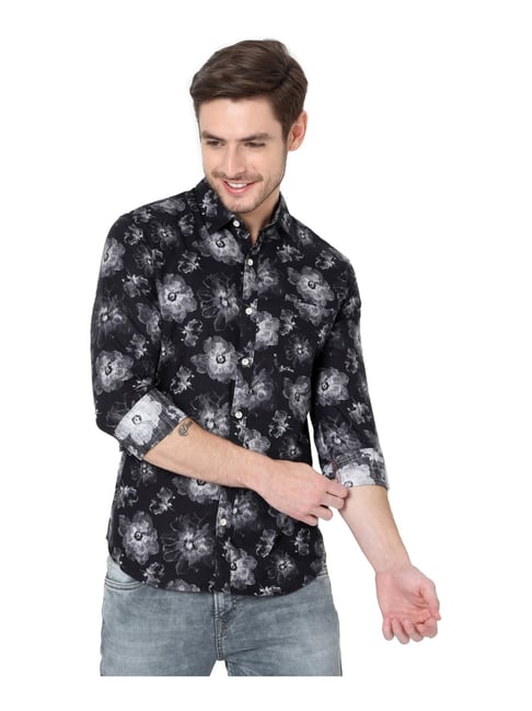 Mufti Black Cotton Slim Fit Floralprint  Shirt