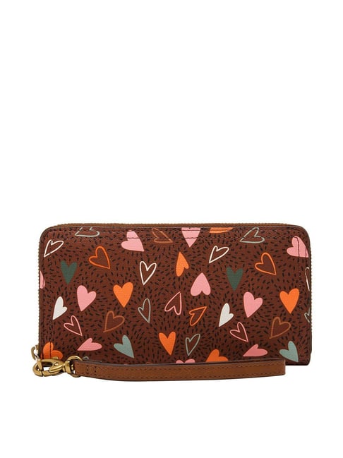 Fossil Logan Brown & Pink Printed Zip Around Wallet for Women