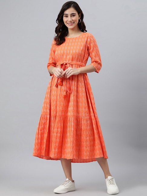 Janasya Orange Cotton Striped A-Line Dress Price in India