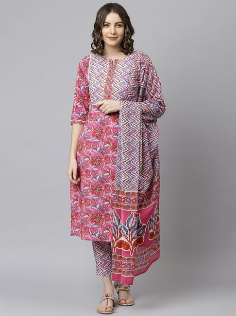 Janasya Pink Cotton Printed Kurta Pant Set With Dupatta