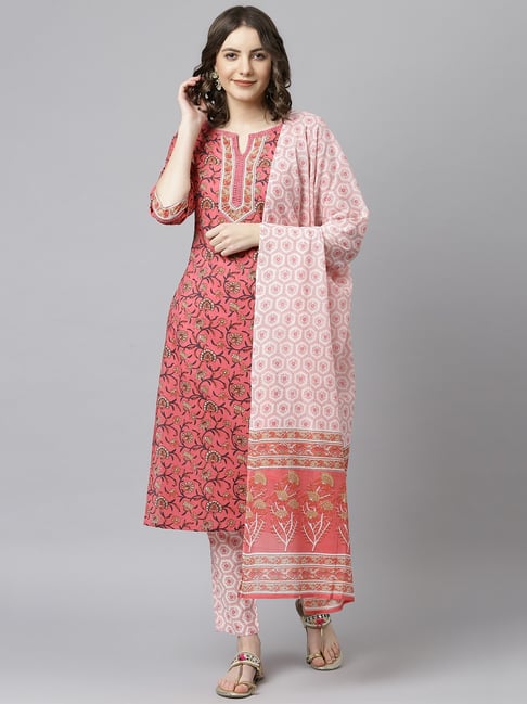 Janasya Pink Cotton Printed Kurta Pant Set With Dupatta