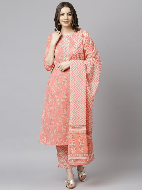 Janasya Pink Cotton Printed Kurta Pant Set With Dupatta