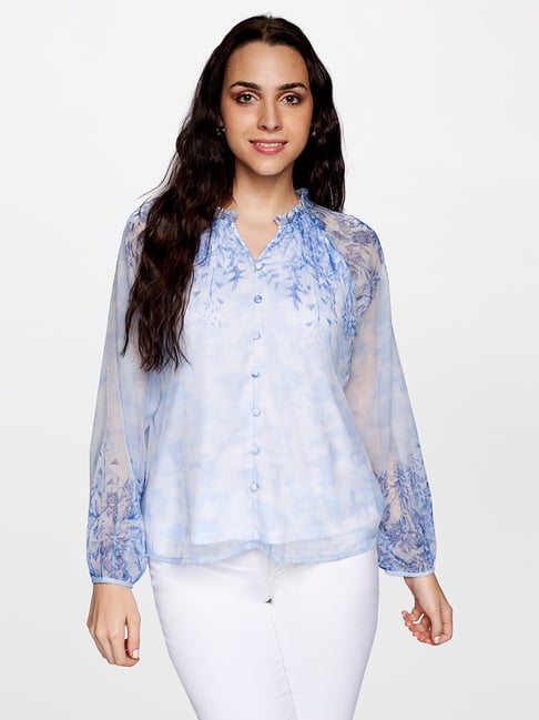 AND Powder Blue Floral Print Top Price in India