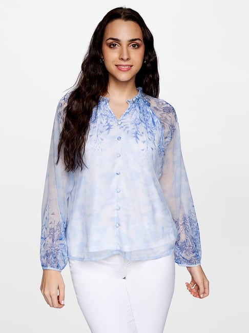 AND Powder Blue Floral Print Top Price in India