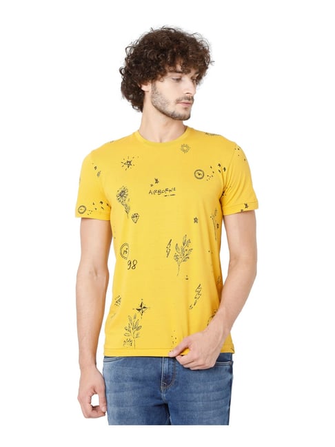 Mufti Yellow Cotton Slim Fit Printed T-Shirt