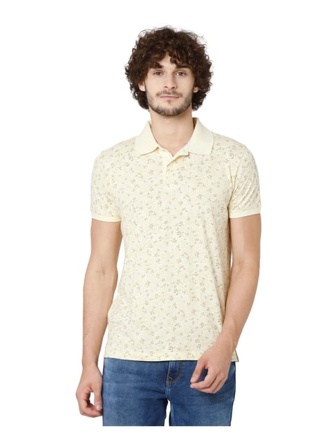 Mufti Yellow Cotton Slim Fit Printed Polo T-Shirt