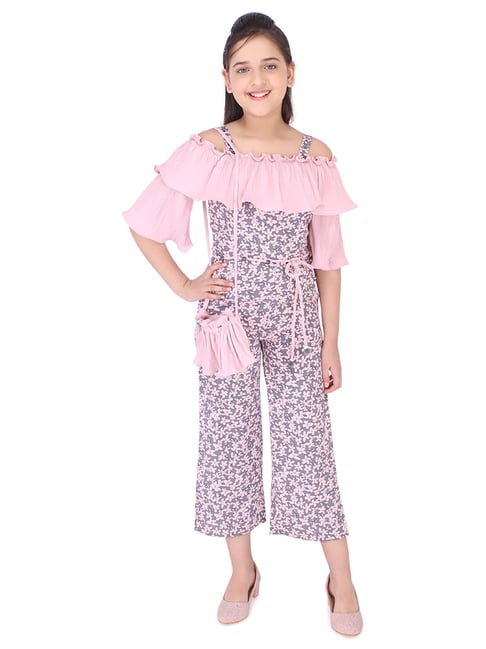 Cutecumber Kids Dusty Pink Printed Jumpsuit, Belt with Sling Bag