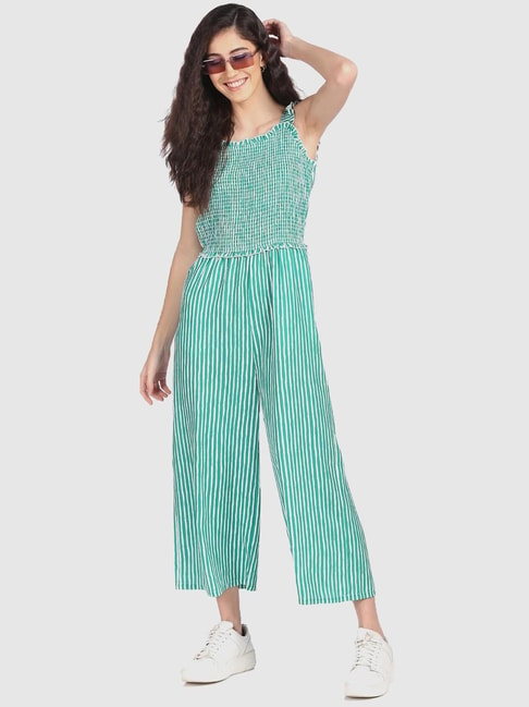 Sugr Green Cotton Stripes Jumpsuits Price in India