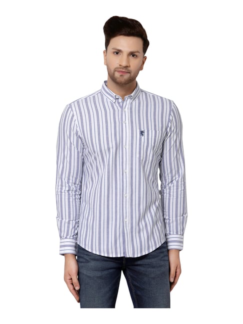 Red Tape White & Blue Cotton Regular Fit Striped Shirt