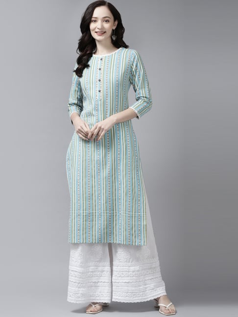 Yufta Sky Blue & Green Cotton Printed Straight Kurta Price in India