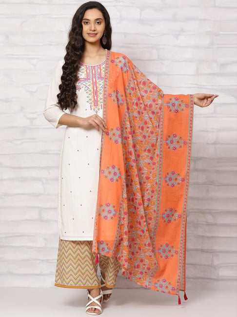 Rangriti Orange Cotton Printed Dupatta