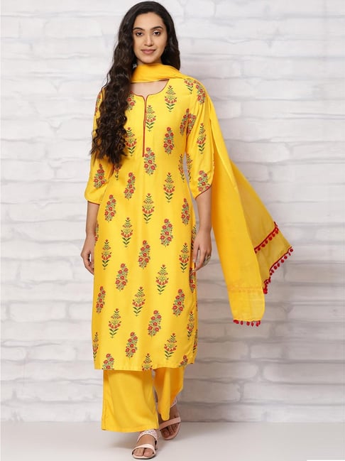 Rangriti Yellow Printed Kurta Palazzo Set With Dupatta