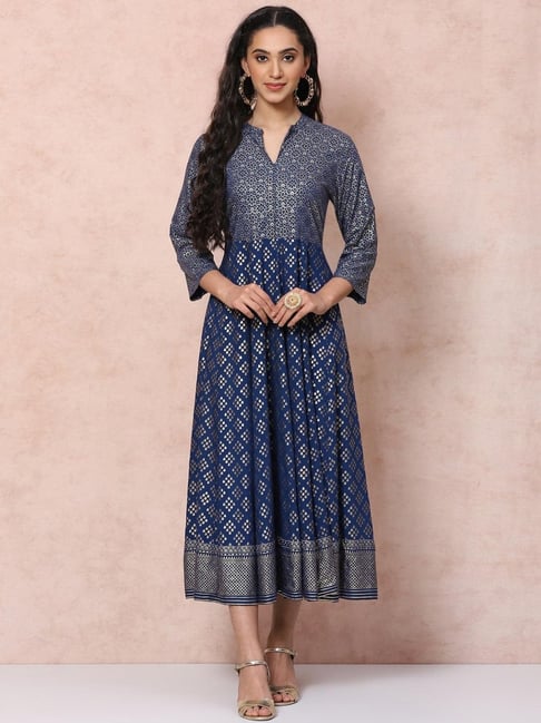 Rangriti Navy Printed A-Line Dress Price in India