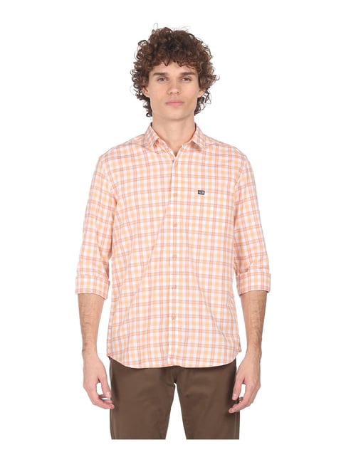 Arrow Sports Peach & White Cotton Regular Fit Checks Shirt