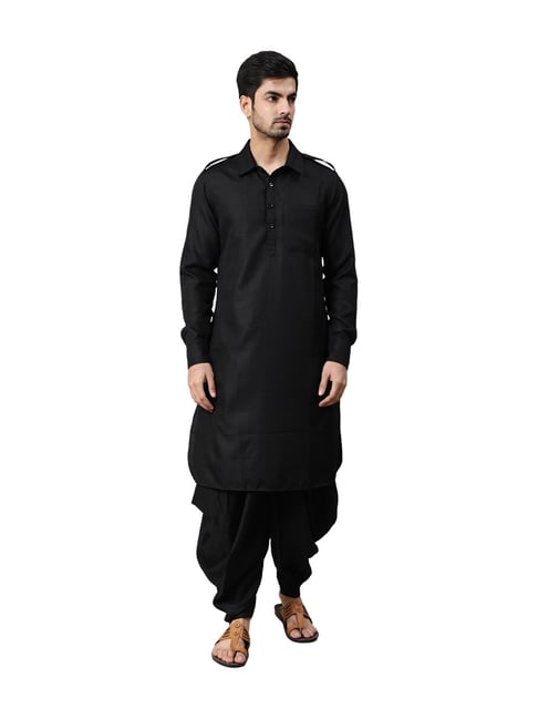 Aks Black Full Sleeves Pathani Kurta Dhoti Pants Set