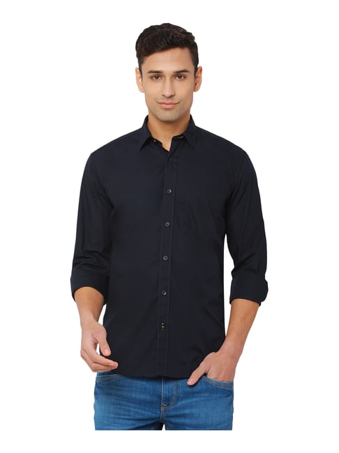 Buy Greenfibre Navy Slim Fit Cotton 