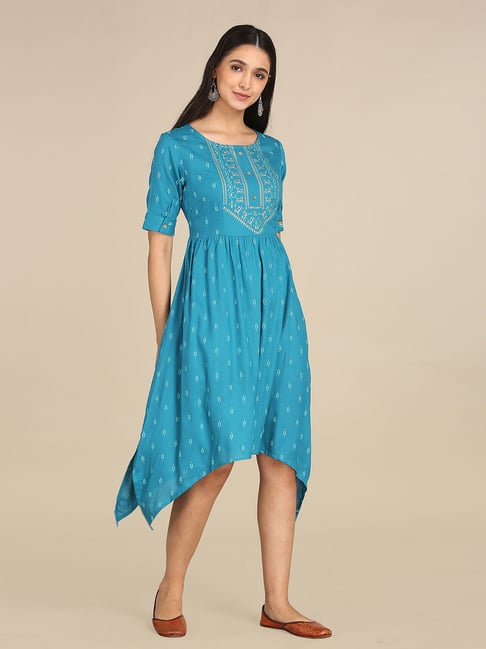Karigari Blue Printed Assymetric Dress Price in India
