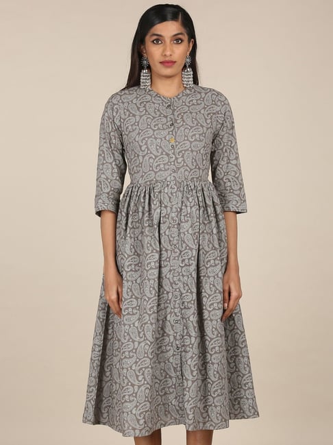 Karigari Grey Cotton Printed A-Line Dress Price in India