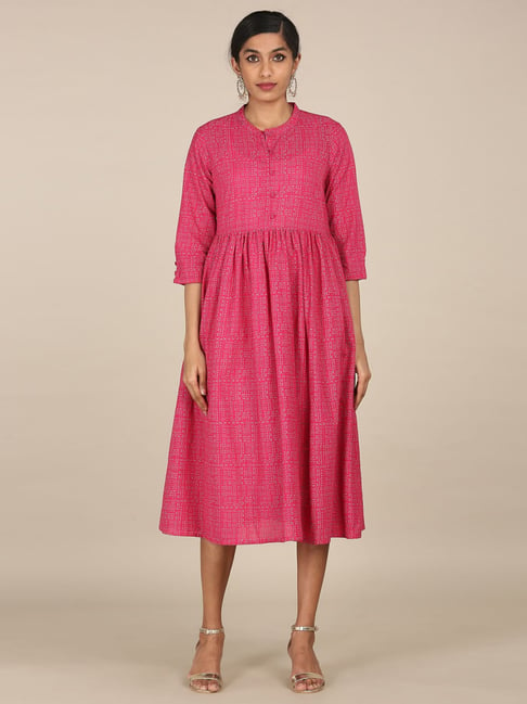 Karigari Pink Cotton Printed A-Line Dress Price in India