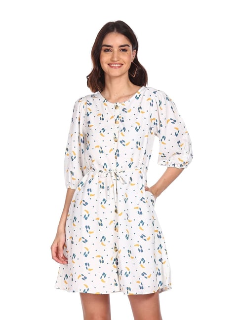 Sugr White Printed A-Line Dress Price in India