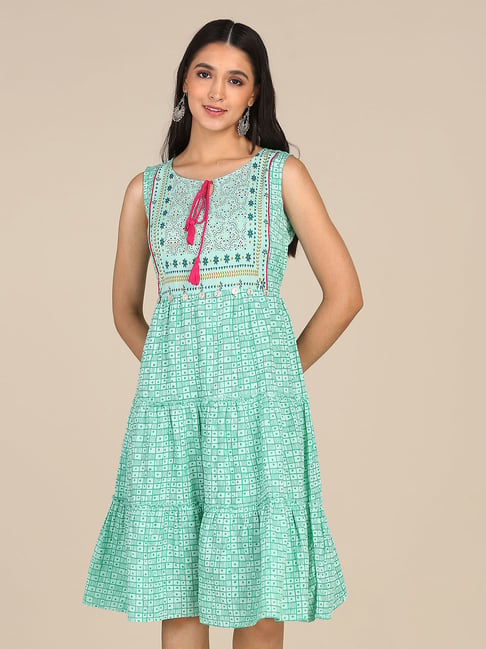 Karigari Turquoise Printed A-Line Dress Price in India