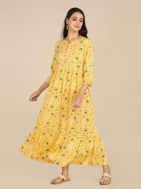 Karigari Yellow Printed Maxi Dress Price in India