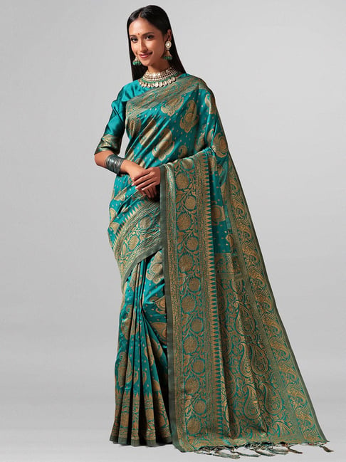 Janasya Teal Printed Saree With Blouse Price in India