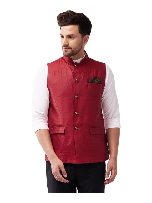 VASTRAMAY Maroon Stretch Fit Embroidered Nehru Jacket-picture-27
