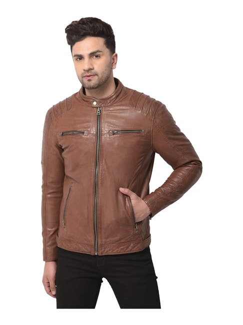 Buy Woods Tan Mandarin Collar Leather Jacket for Men's Online @ Tata CLiQ
