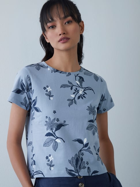 Bombay Paisley by Westside Blue Flower Print Crop T-Shirt Price in India