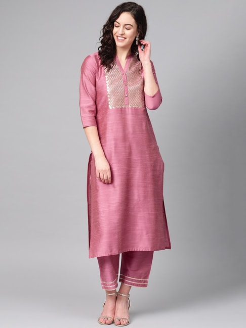 KSUT Pink Embellished Kurta Pant Set Price in India
