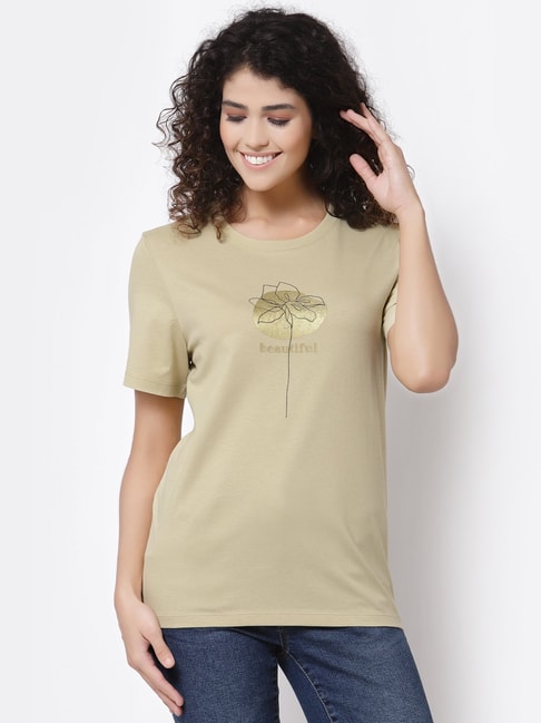 Mode by Red Tape Olive Printed Crew T-Shirt Price in India