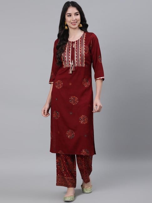 Jaipur Kurti Maroon Printed Kurta & Palazzo Set