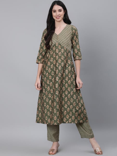 Jaipur Kurti Green Printed Kurta Pant Set Price in India