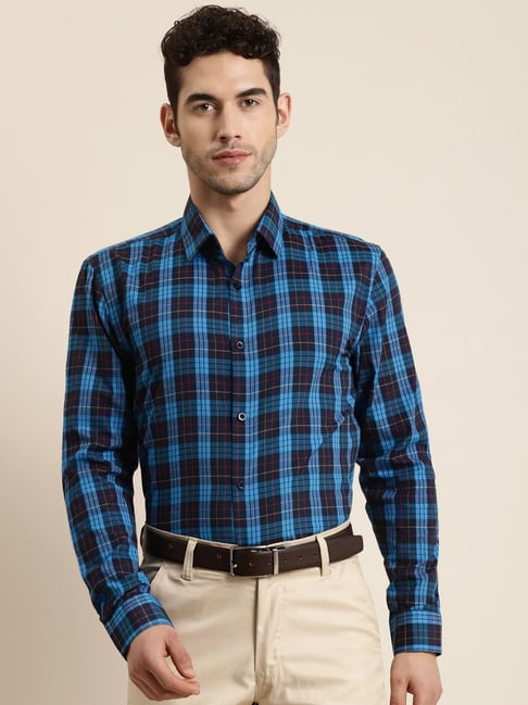 Sojanya Blue Cotton Regular Fit Checks Shirt