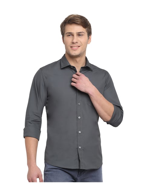 Cantabil Grey Solid Full Sleeves Shirt