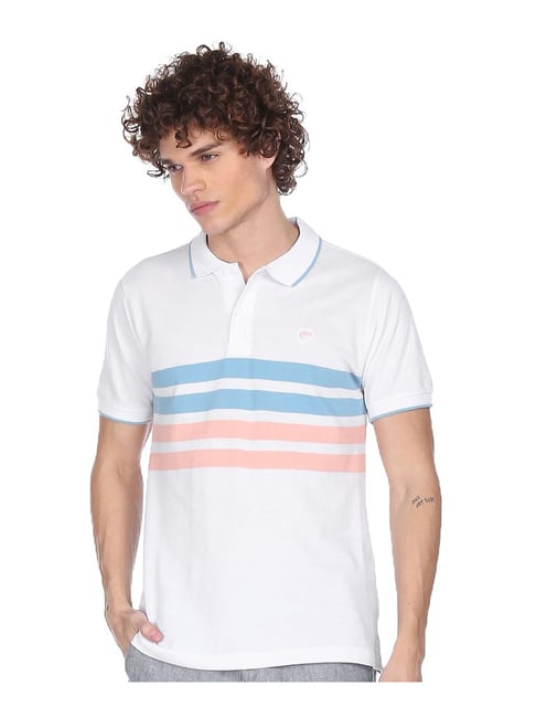 Ruggers White Cotton Regular Fit Striped Polo T-Shirt